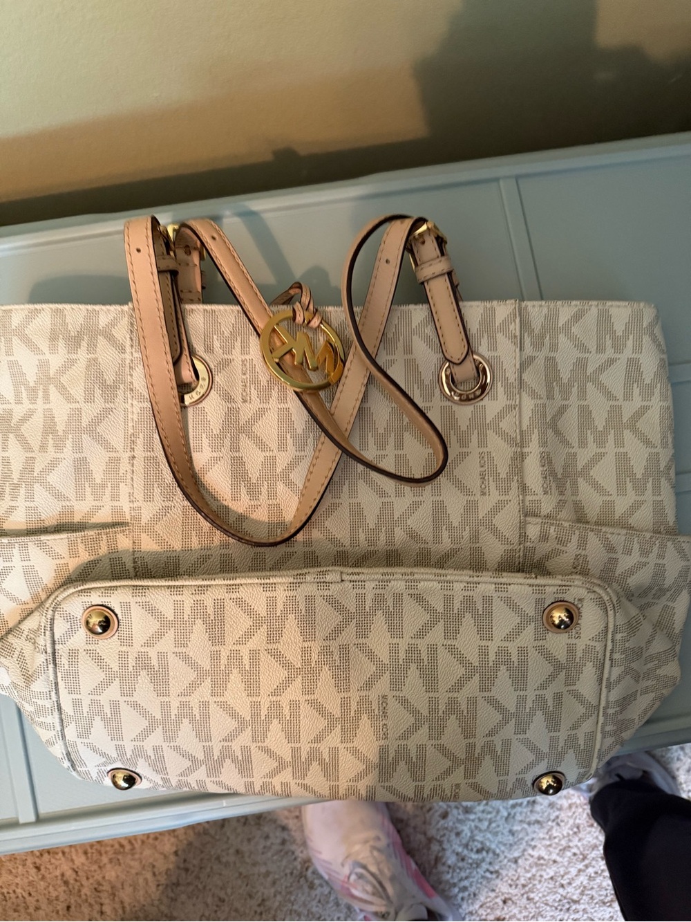 Michael Kors Cream MK Logo Tote with Gold Accents